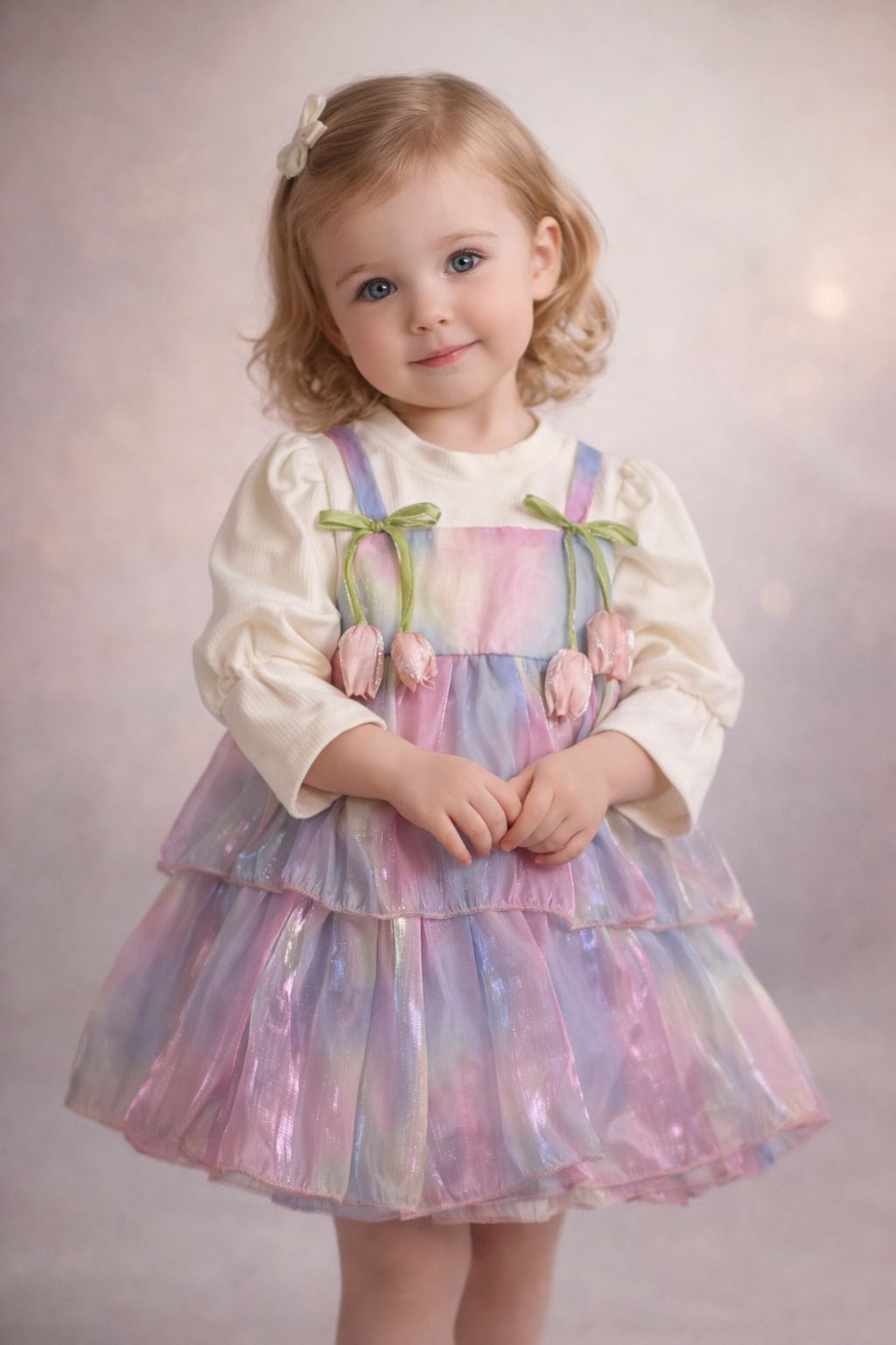 Toddler Girl Pastel Iridescent Layered Dress with 3D Tulips