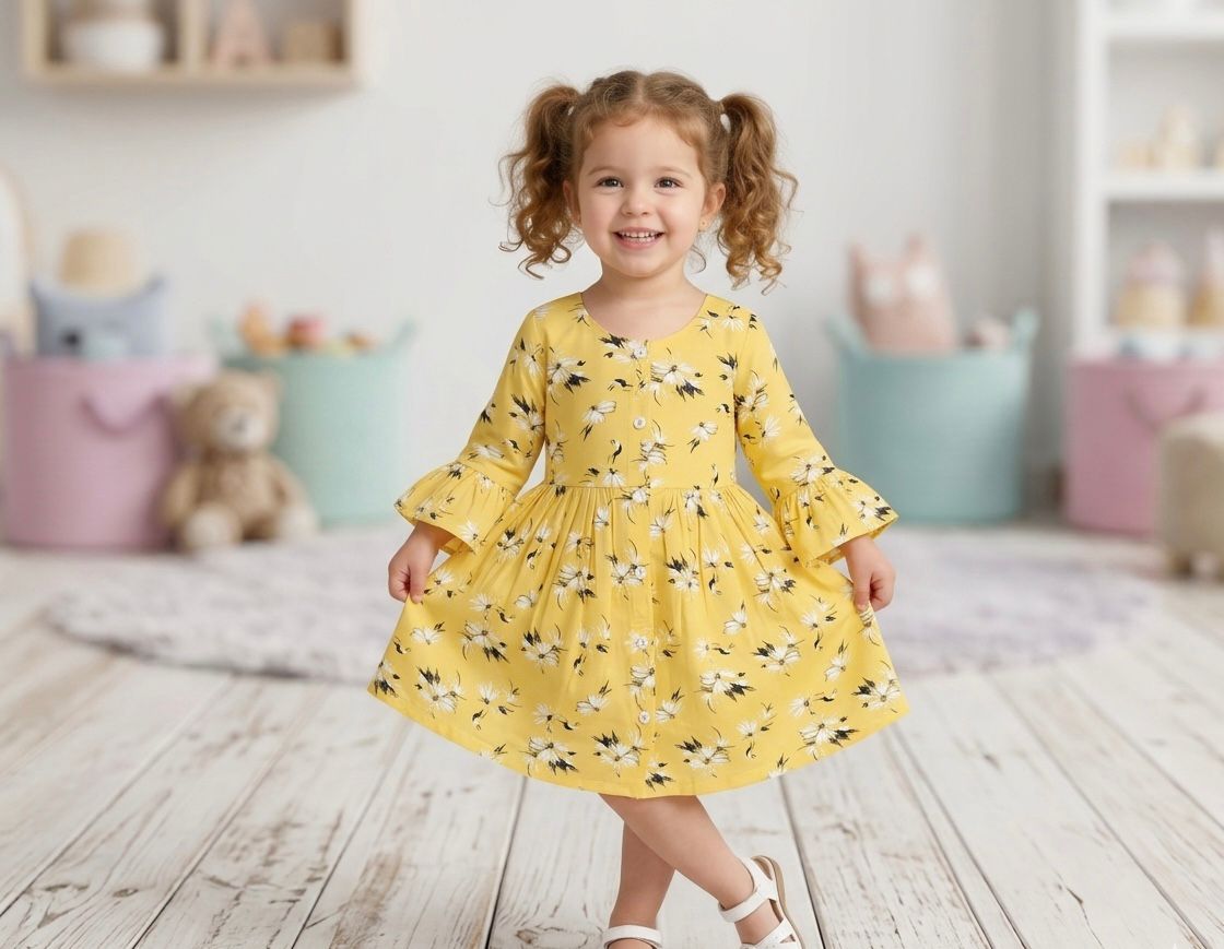 Toddler Girl Bright Yellow Floral Bell Sleeve Dress