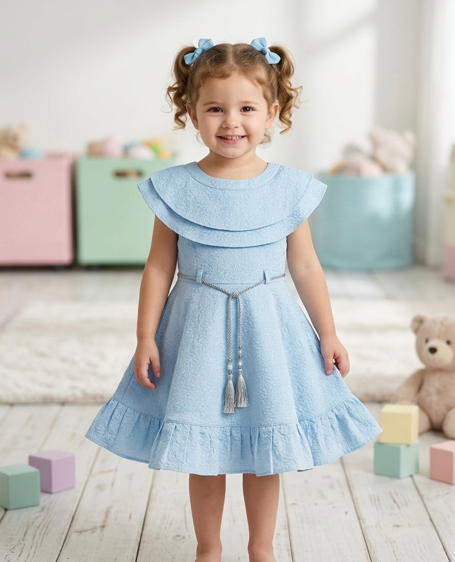 Toddler Girl Light Blue Textured Ruffle Dress with Tassel Belt