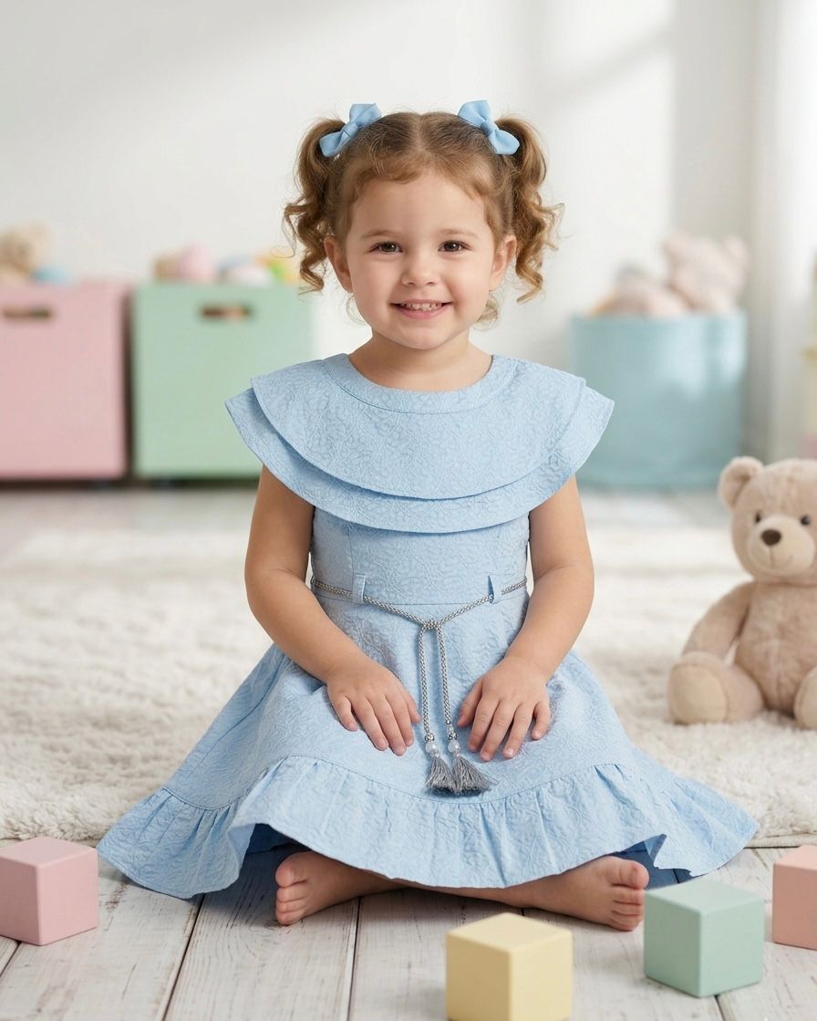 Toddler Girl Light Blue Textured Ruffle Dress with Tassel Belt