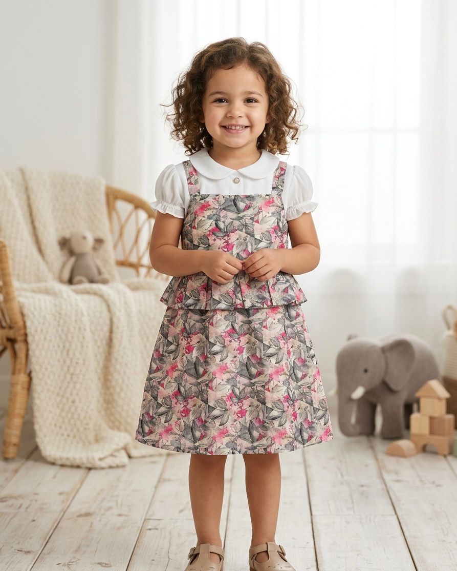Classic Pink and Grey Floral Layered Dress for Toddlers