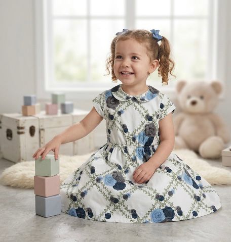 Little Girl White Floral Dress with Collar and Blue Roses