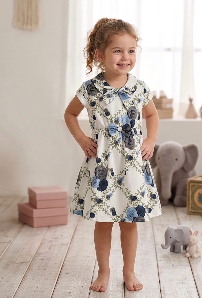 Little Girl White Floral Dress with Collar and Blue Roses