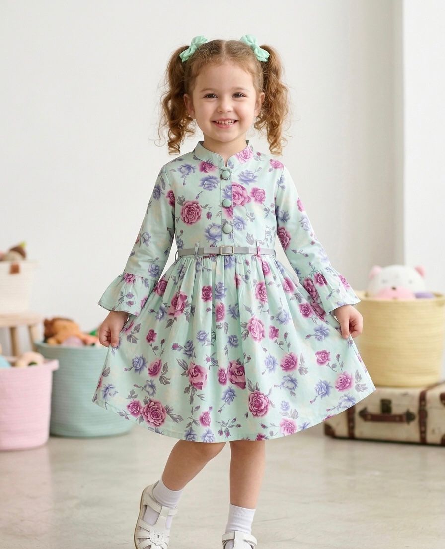 Little Girl Mint and Pink Rose Print Dress with Bell Sleeves