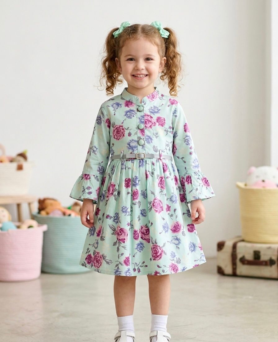 Little Girl Mint and Pink Rose Print Dress with Bell Sleeves