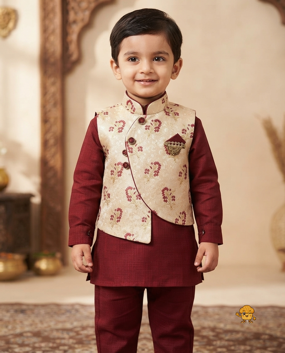Boys Maroon Kurta Pajama with Beige Floral Brocade Nehru Jacket (3-Piece Ethnic Set)