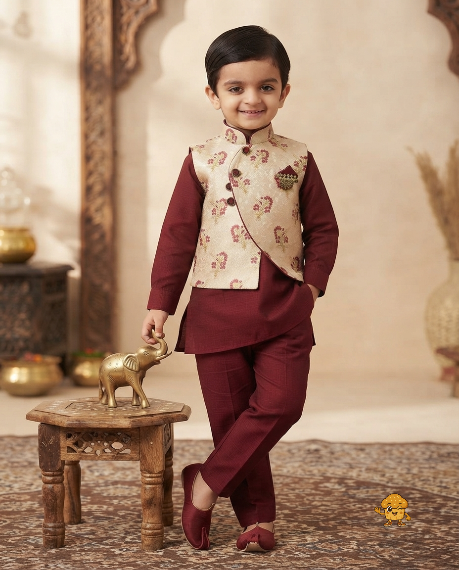 Boys Maroon Kurta Pajama with Beige Floral Brocade Nehru Jacket (3-Piece Ethnic Set)