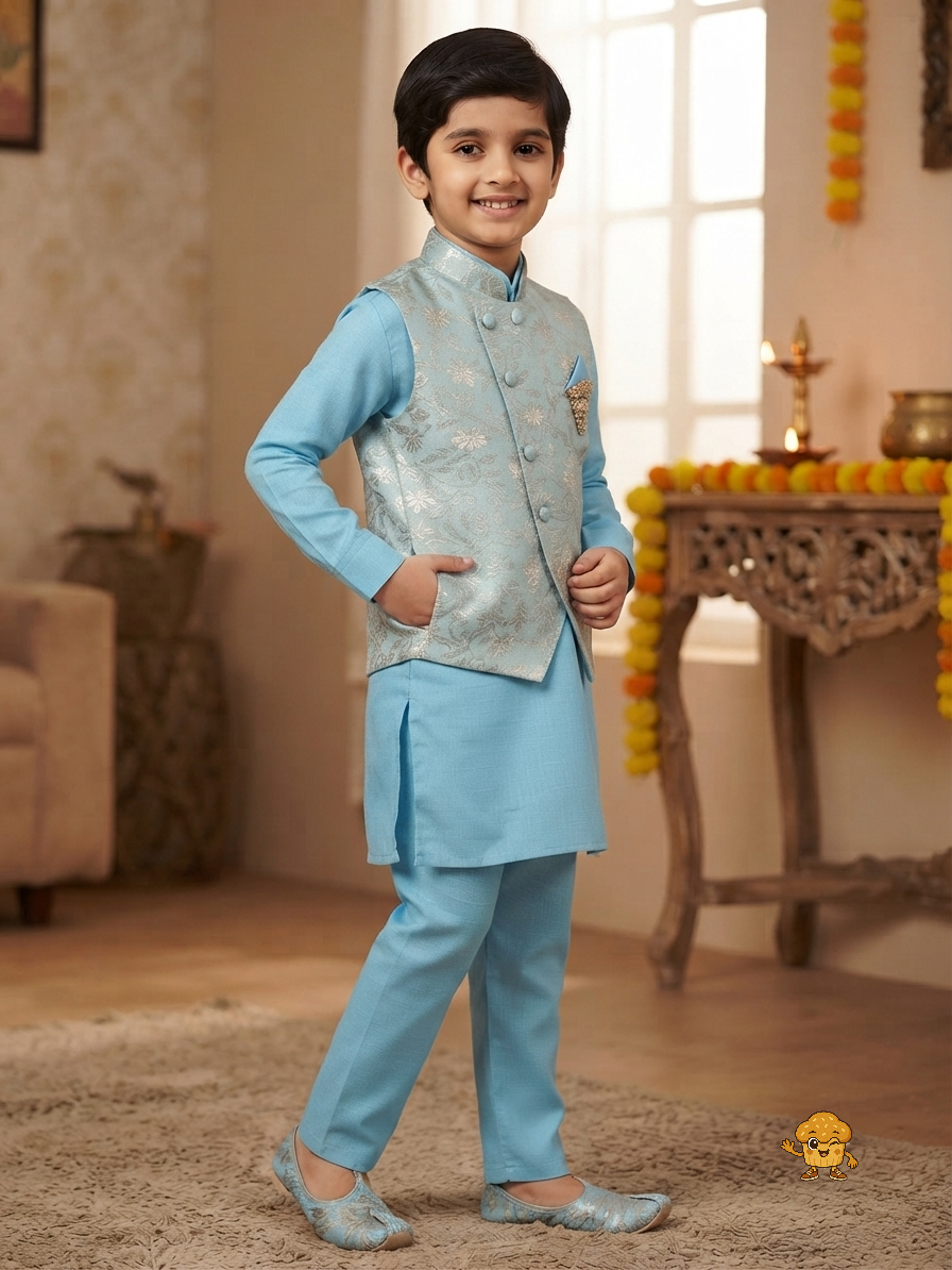 Sky Blue Boys Kurta Pajama with Jacquard Nehru Jacket (3-Piece Set)