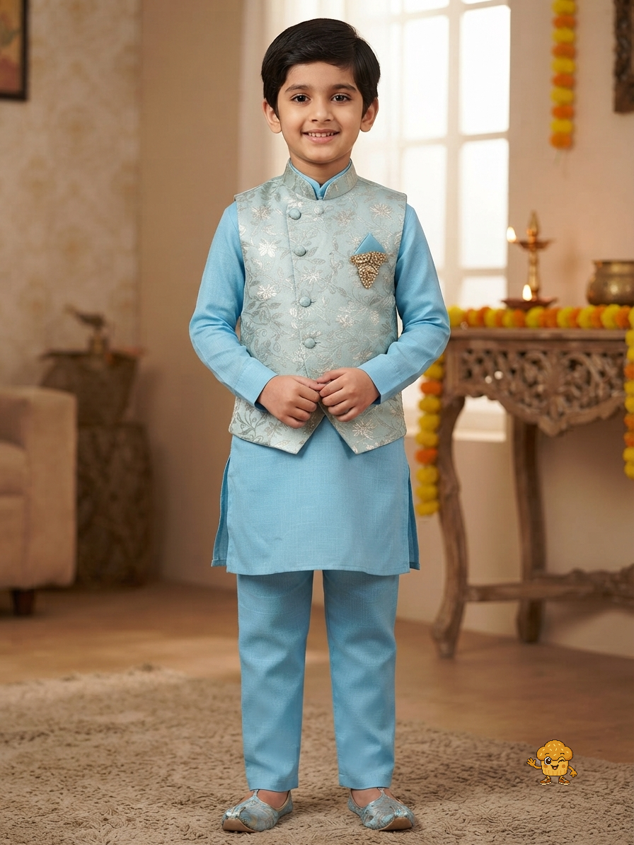 Sky Blue Boys Kurta Pajama with Jacquard Nehru Jacket (3-Piece Set)