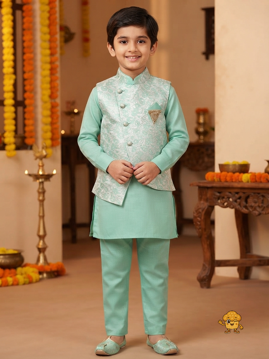 Mint Green Boys Kurta Pajama Set with Jacquard Asymmetric Nehru Jacket