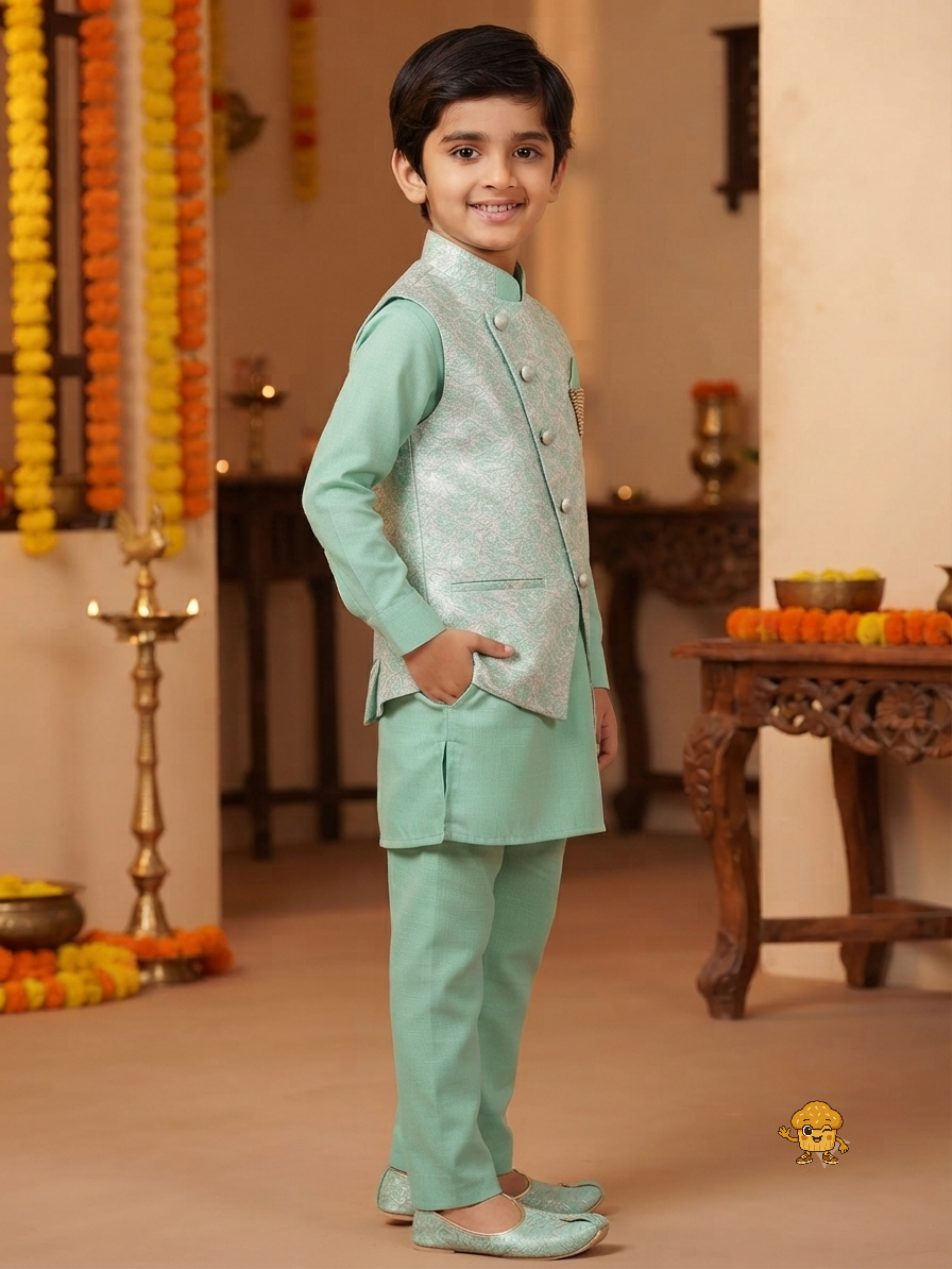 Mint Green Boys Kurta Pajama Set with Jacquard Asymmetric Nehru Jacket