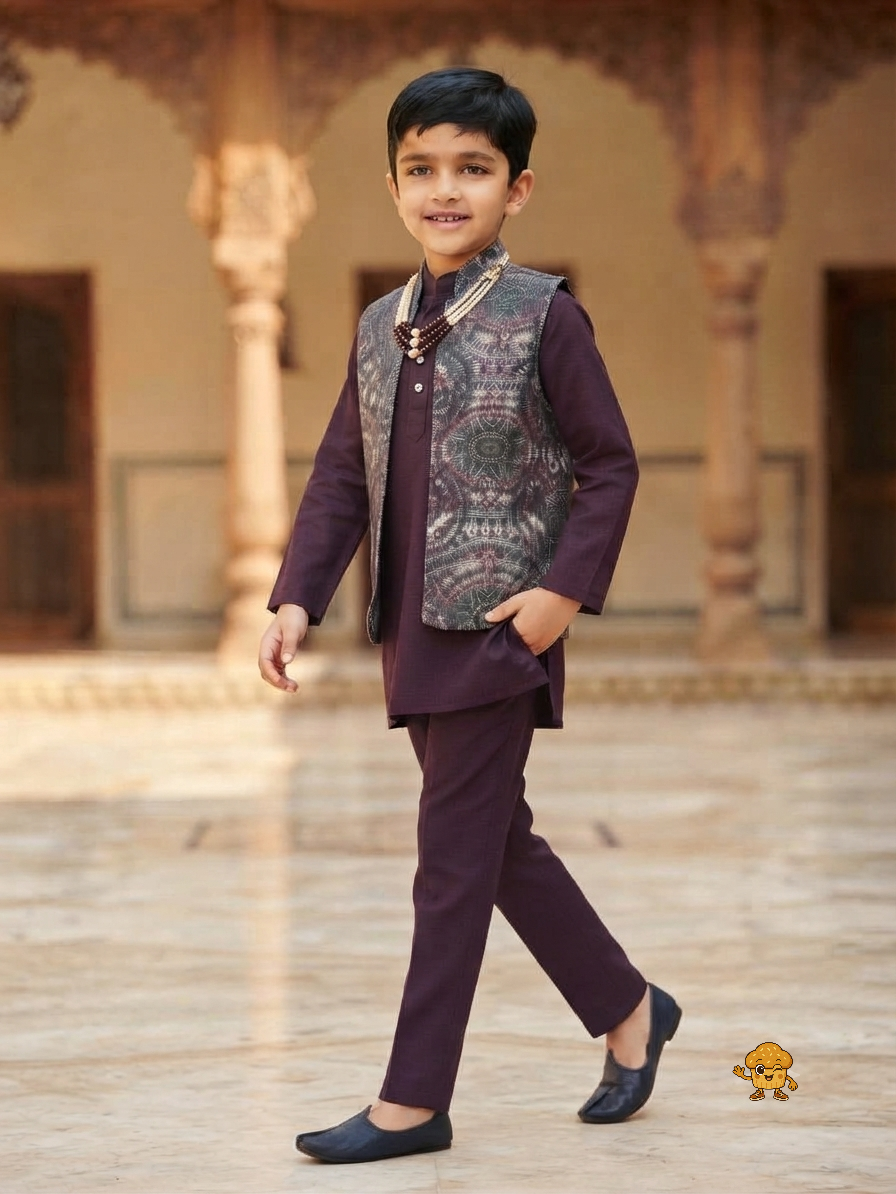 Boys Plum Purple Kurta Pajama Set with Printed Nehru Jacket