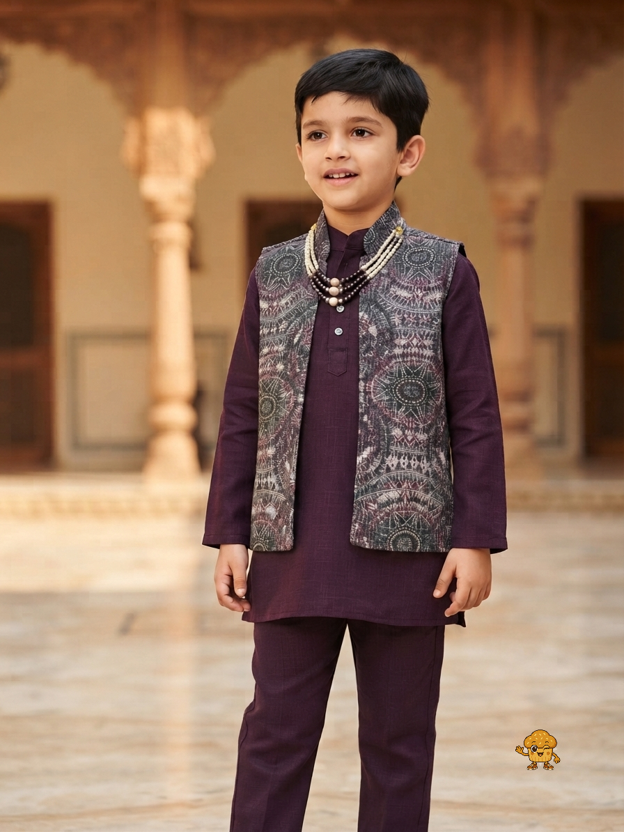 Boys Plum Purple Kurta Pajama Set with Printed Nehru Jacket