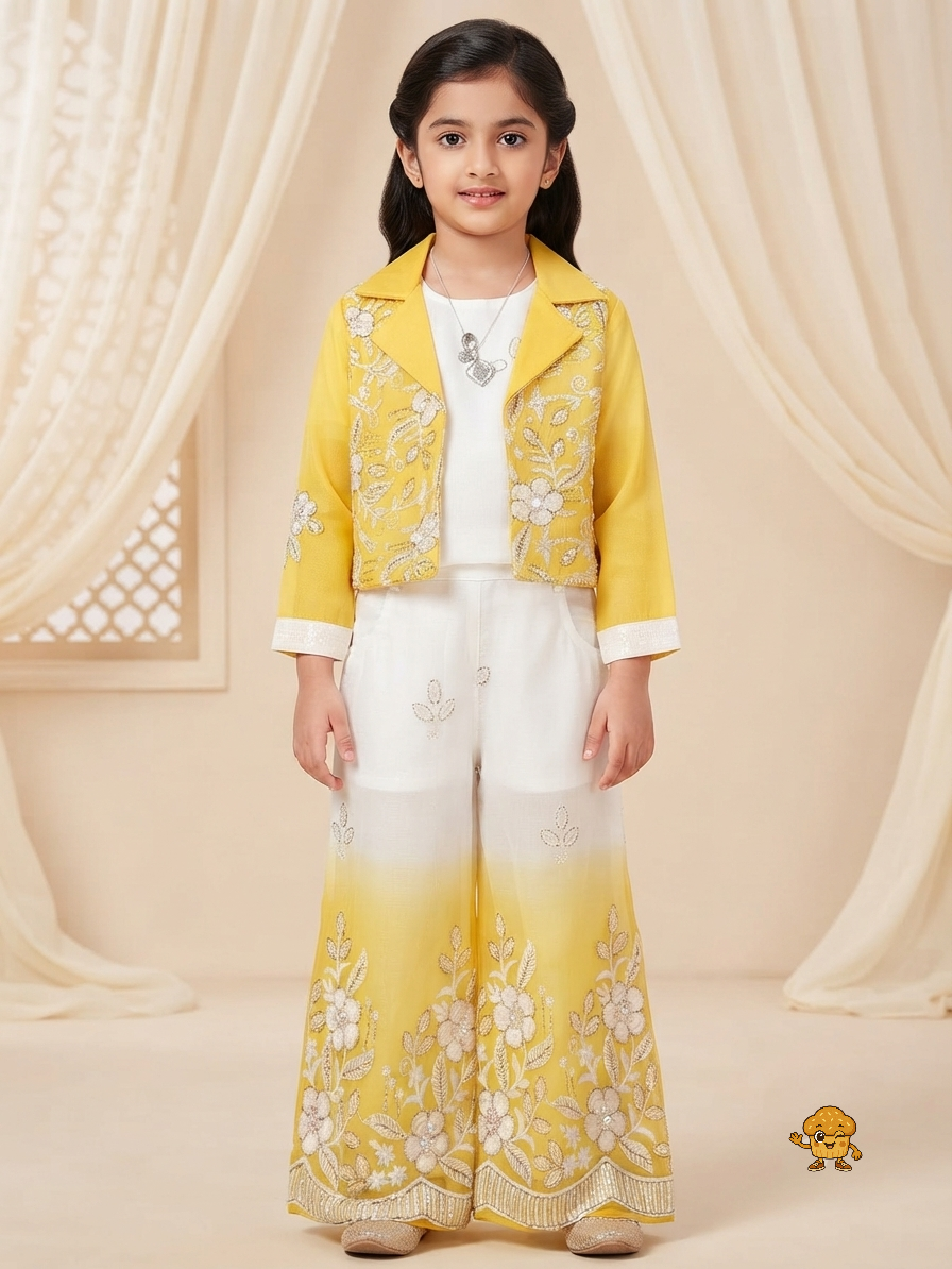 Girls Festive Yellow Embroidered Jacket, Crop Top & Ombre Palazzo 3-Piece Co-ord Set
