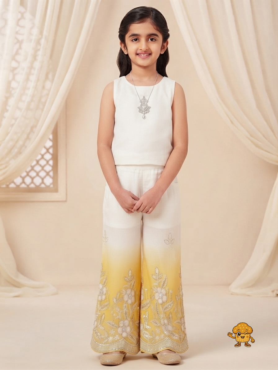 Girls Festive Yellow Embroidered Jacket, Crop Top & Ombre Palazzo 3-Piece Co-ord Set