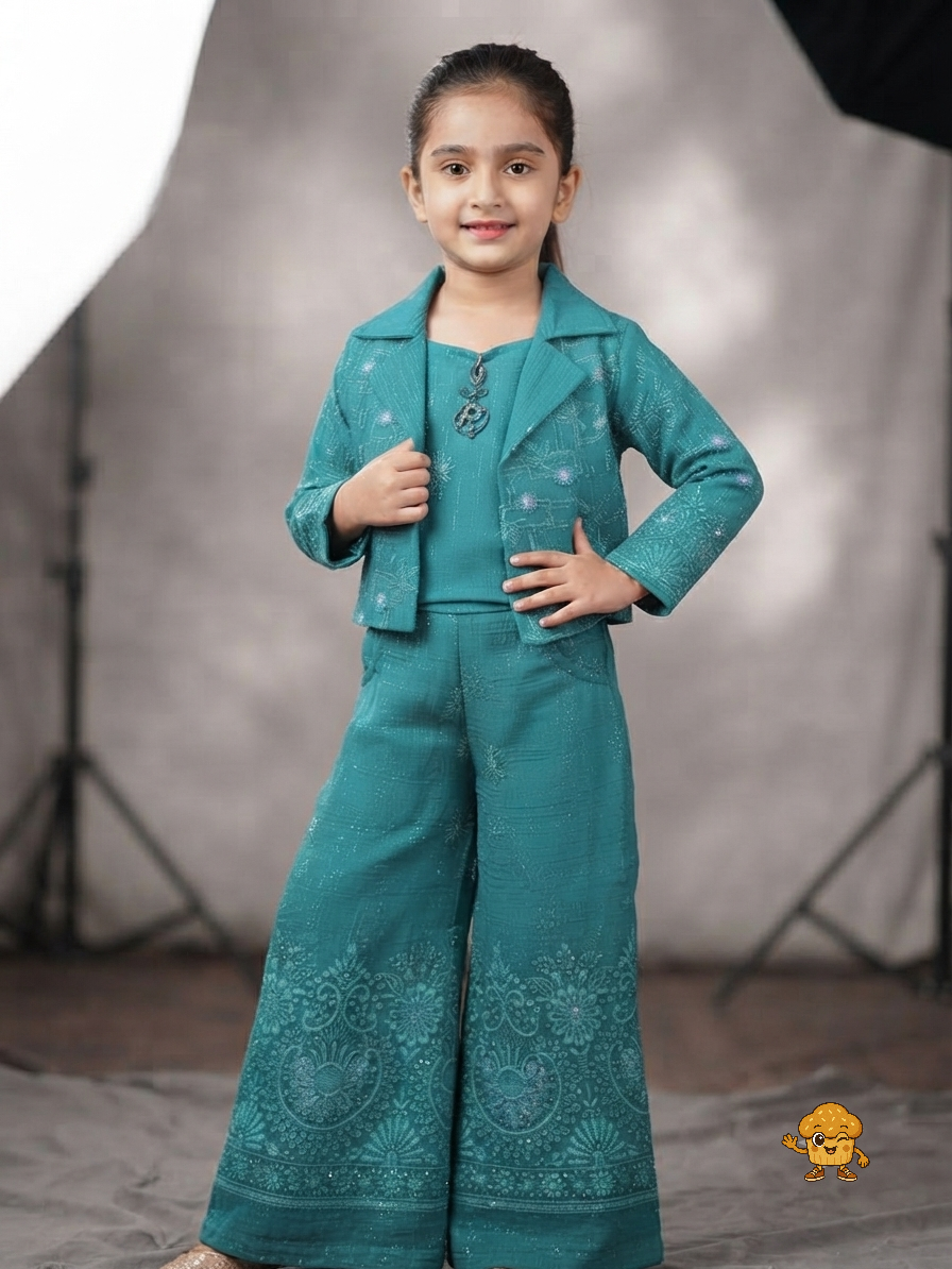 Girls Peacock Teal Green Embroidered 3-Piece Indo-Western Co-ord Set ā Notch Lapel Jacket, Inner Top & Flared Palazzo Pants for Weddings & Festivals