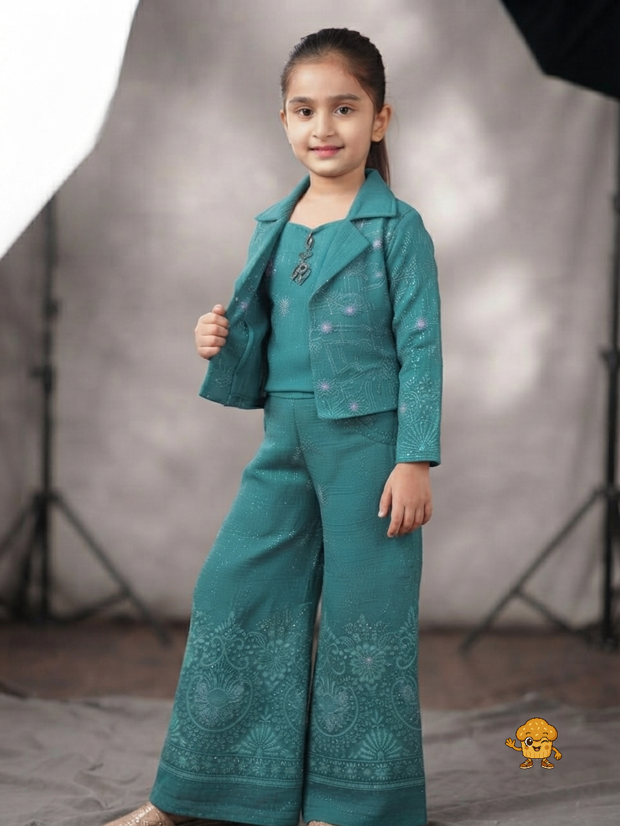 Girls Peacock Teal Green Embroidered 3-Piece Indo-Western Co-ord Set ā Notch Lapel Jacket, Inner Top & Flared Palazzo Pants for Weddings & Festivals
