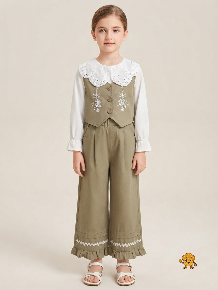 Korean Style Girls 3-Piece Autumn Outfit Set: Embroidered Vest, Big Lace Collar Blouse & Wide-Leg Pants