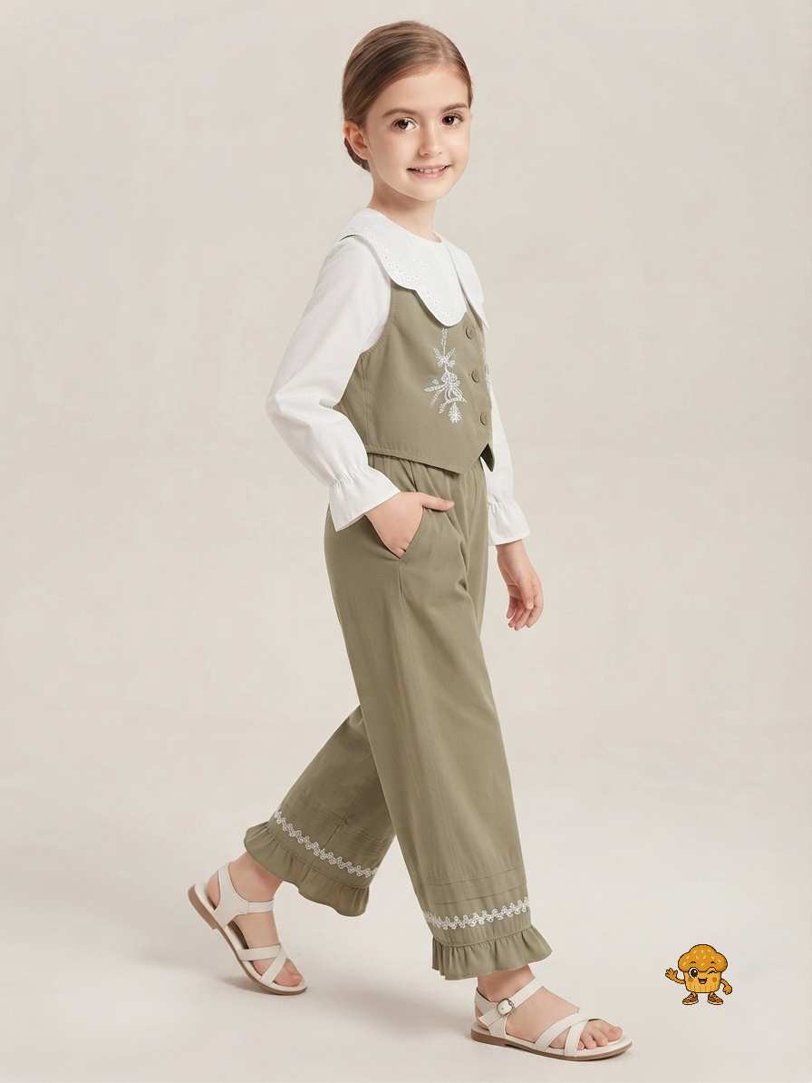 Korean Style Girls 3-Piece Autumn Outfit Set: Embroidered Vest, Big Lace Collar Blouse & Wide-Leg Pants