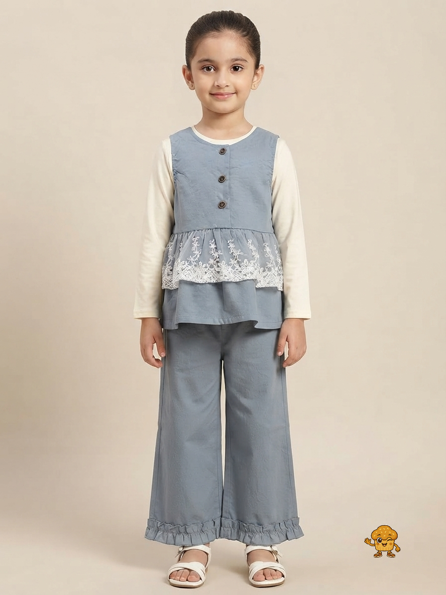 Korean Style Girls Slate Blue Layered Peplum Top & Wide-Leg Pants Co-ord Set (2-Piece)