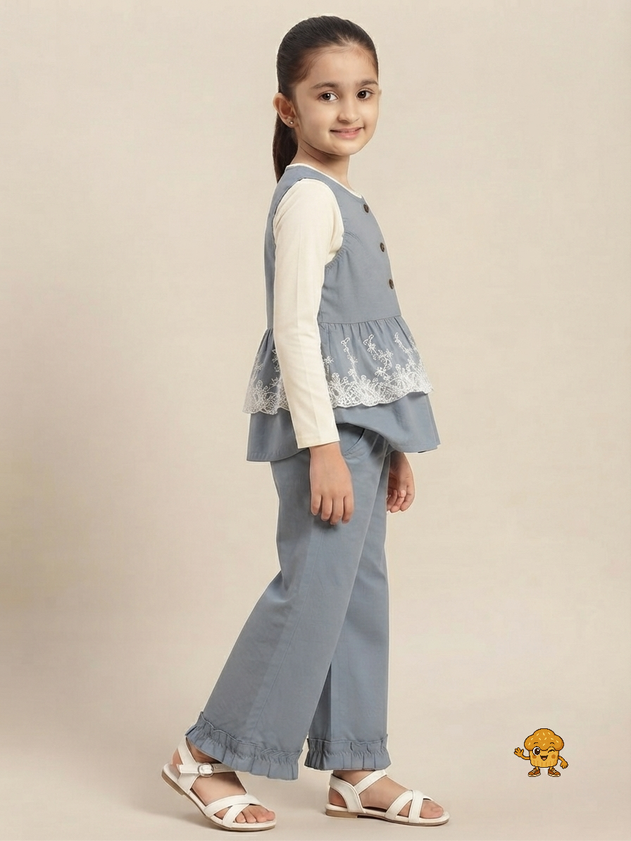 Korean Style Girls Slate Blue Layered Peplum Top & Wide-Leg Pants Co-ord Set (2-Piece)