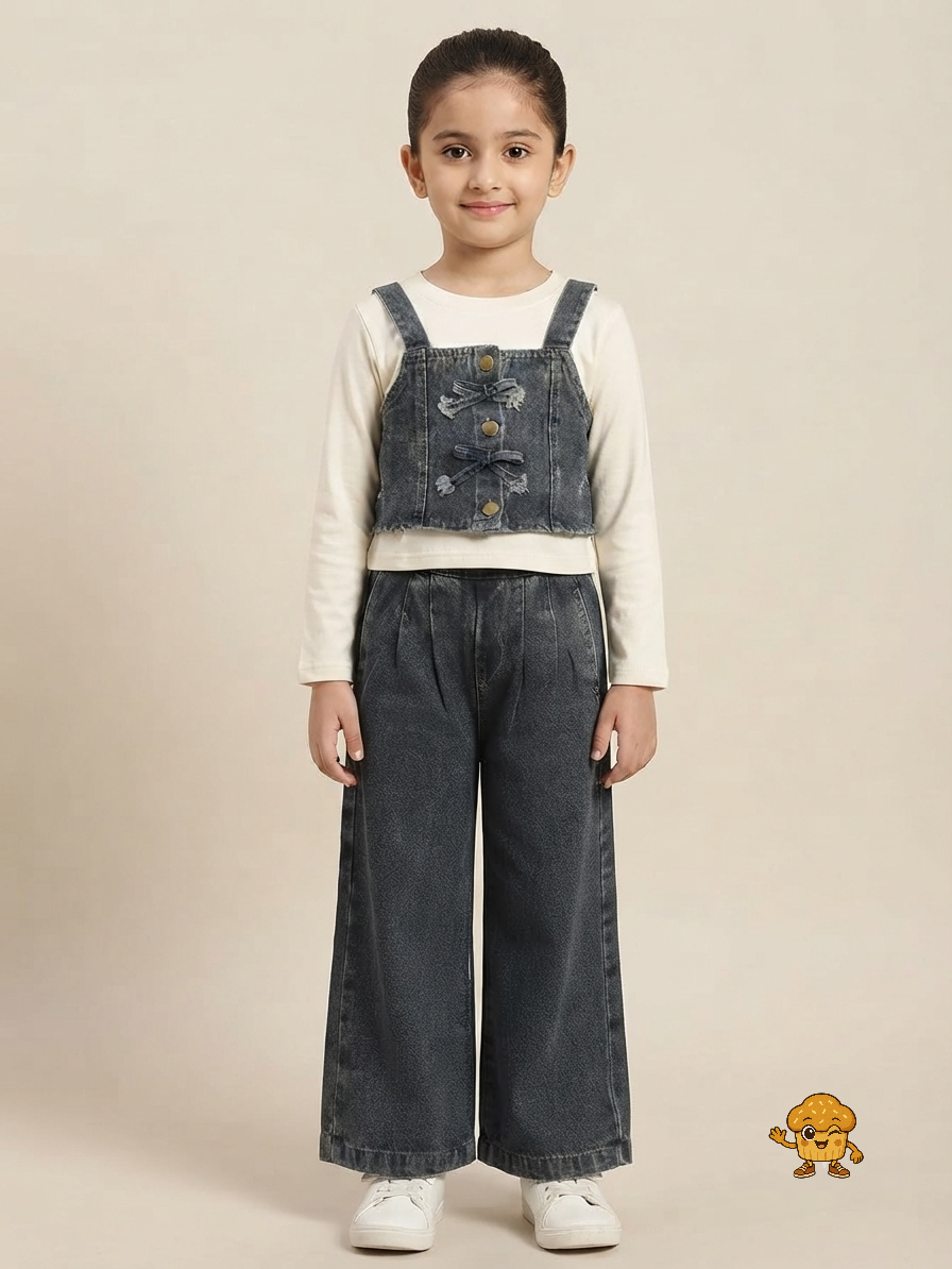 Girls Korean Denim Co-ord Set – Distressed Bow Vest Top & Wide-Leg Trousers)