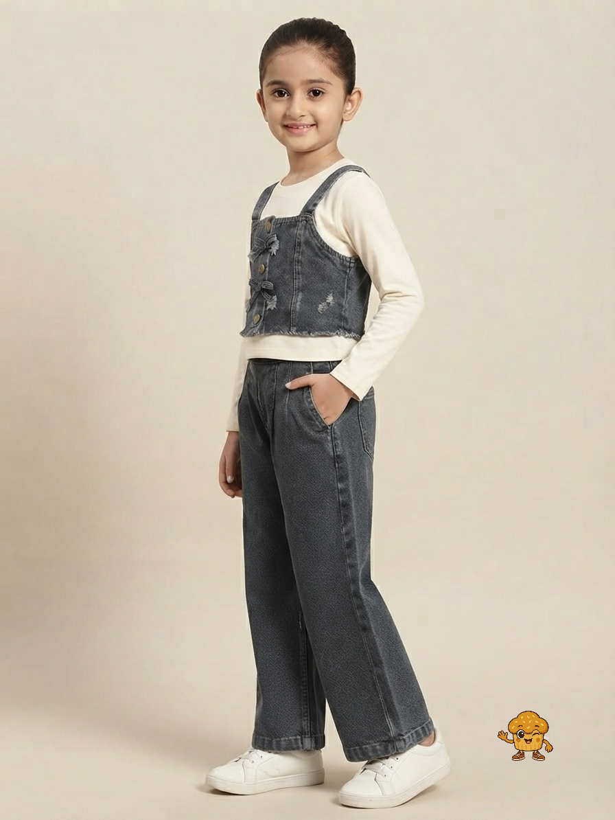 Girls Korean Denim Co-ord Set – Distressed Bow Vest Top & Wide-Leg Trousers)
