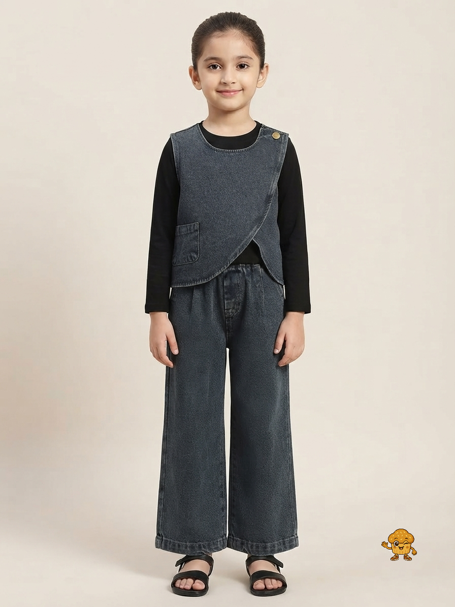Girls Washed Charcoal Denim 3-Piece Co-Ord Set ā Overlap Vest, Wide-Leg Jeans & Full Sleeve Top