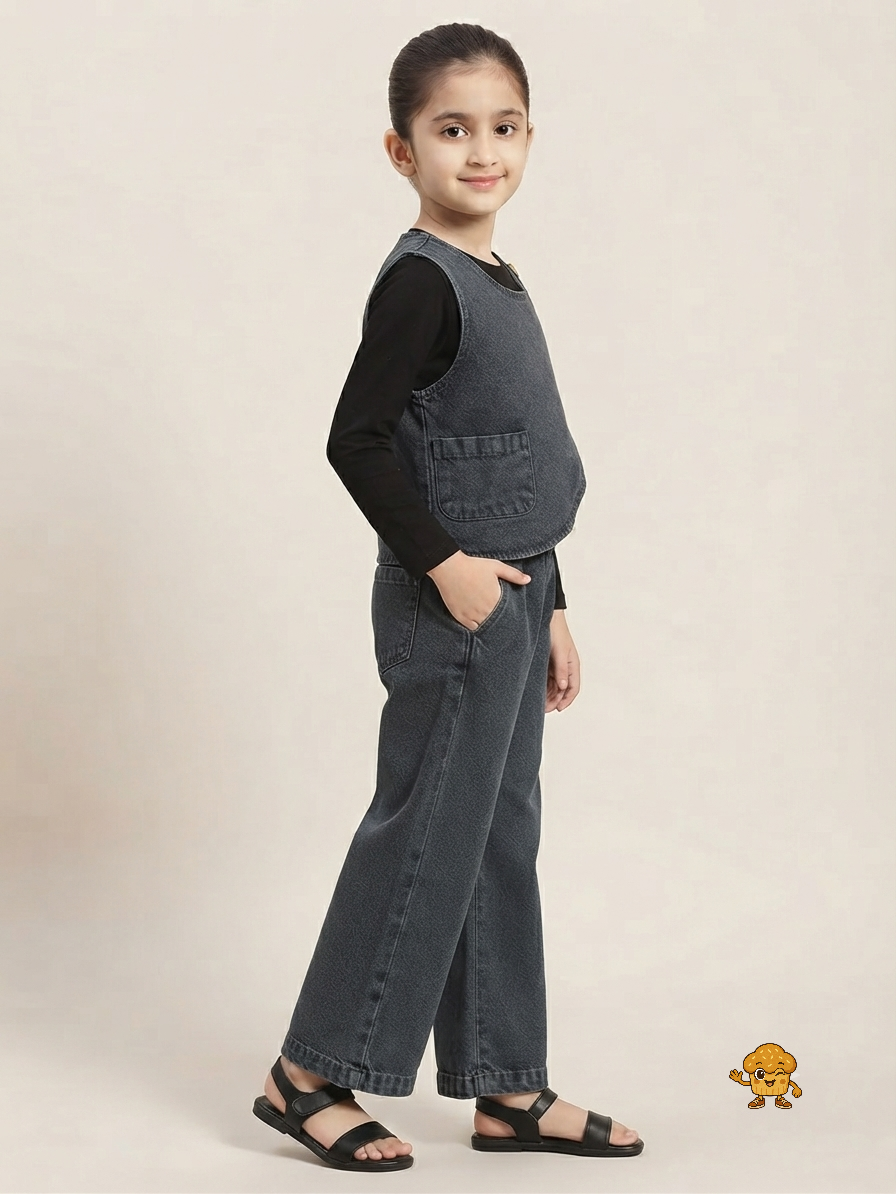 Girls Washed Charcoal Denim 3-Piece Co-Ord Set ā Overlap Vest, Wide-Leg Jeans & Full Sleeve Top