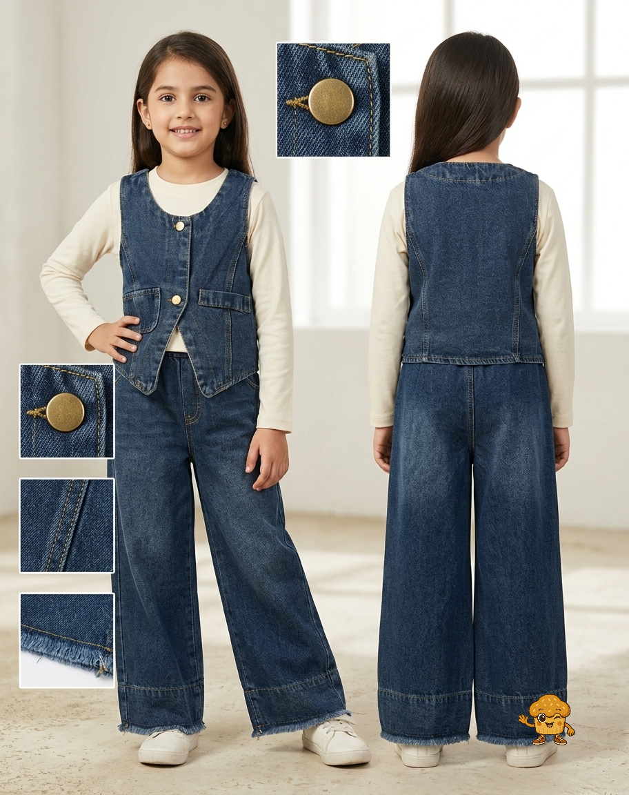 Girls 3-Piece Denim Vest, Inner T-Shirt & Wide-Leg Jeans Set | Complete Casual Co-ord Outfit