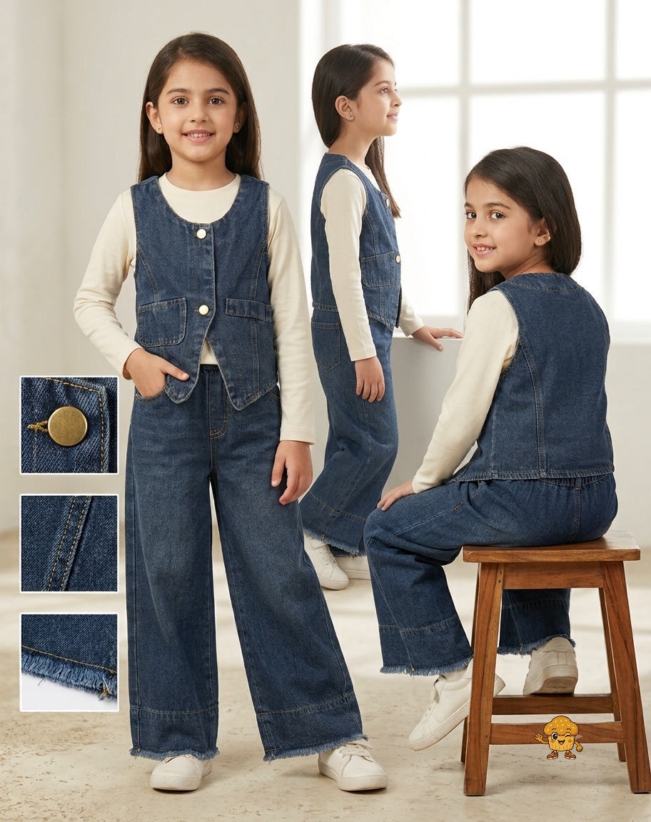 Girls 3-Piece Denim Vest, Inner T-Shirt & Wide-Leg Jeans Set | Complete Casual Co-ord Outfit