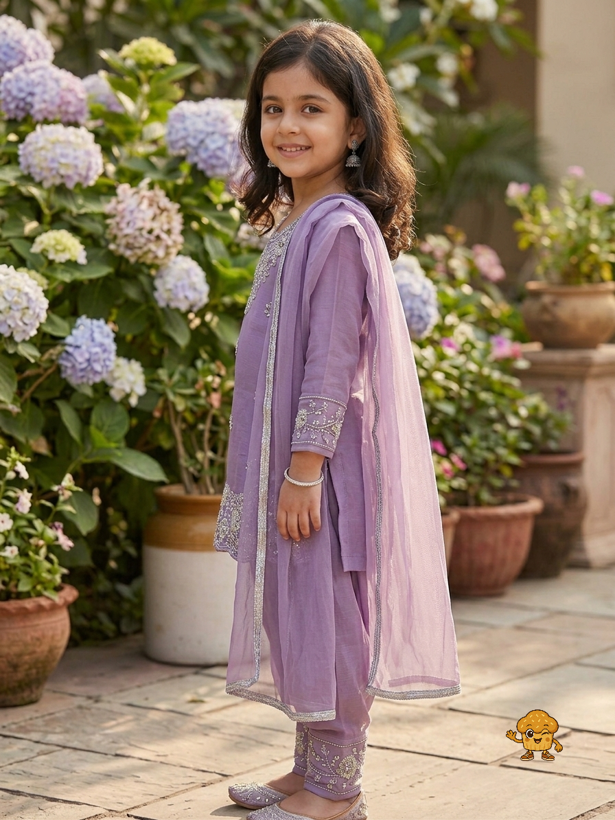 Lilac Embellished Kurta Salwar Suit Set with Dupatta for Girls