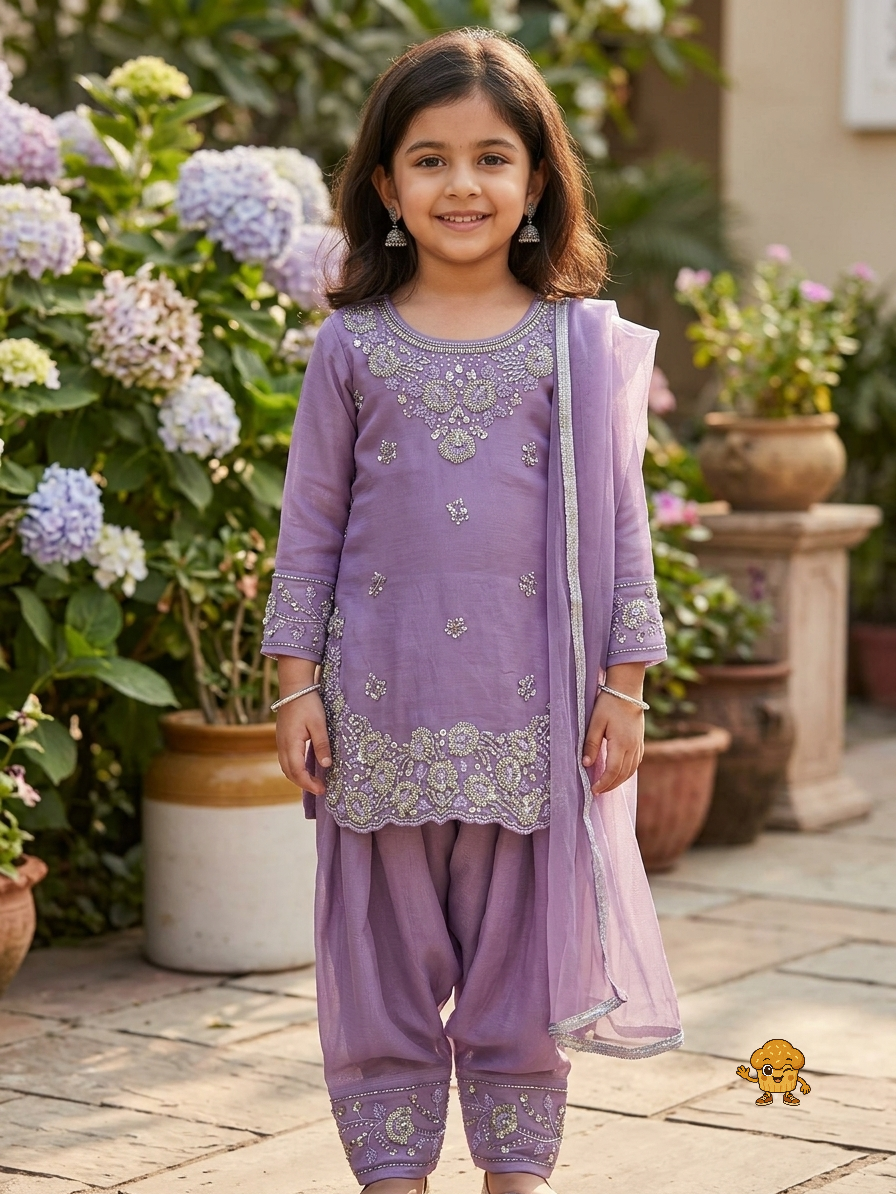 Lilac Embellished Kurta Salwar Suit Set with Dupatta for Girls