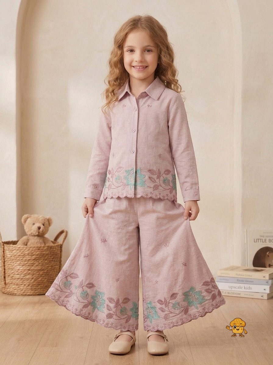 Girls' Embroidered Dusty Pink Co-Ord Set – Scalloped Shirt & Wide-Leg Trouser Set