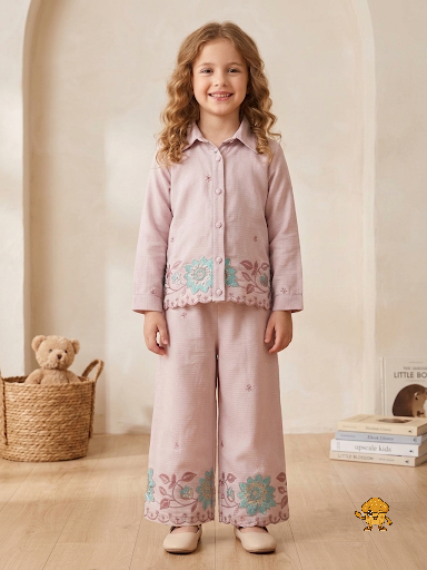 Girls' Embroidered Dusty Pink Co-Ord Set – Scalloped Shirt & Wide-Leg Trouser Set