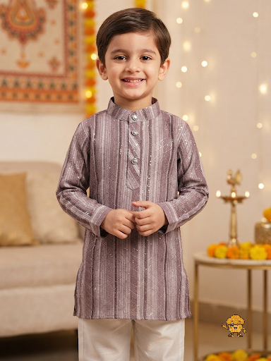 Boys Embroidered Striped Kurta with White Pyjama