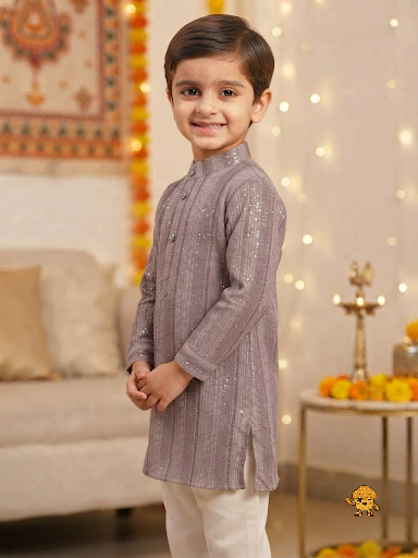 Boys Embroidered Striped Kurta with White Pyjama