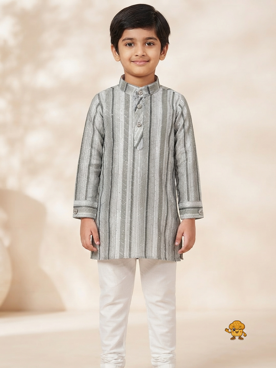 Boys Embroidered Striped Kurta with White Pyjama