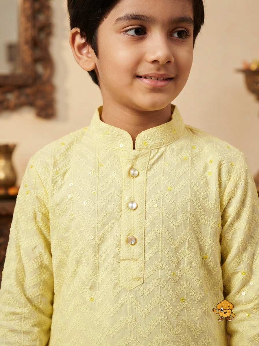 Boys Lemon Yellow Chikankari Embroidered Kurta Set with Subtle Sequin Detailing