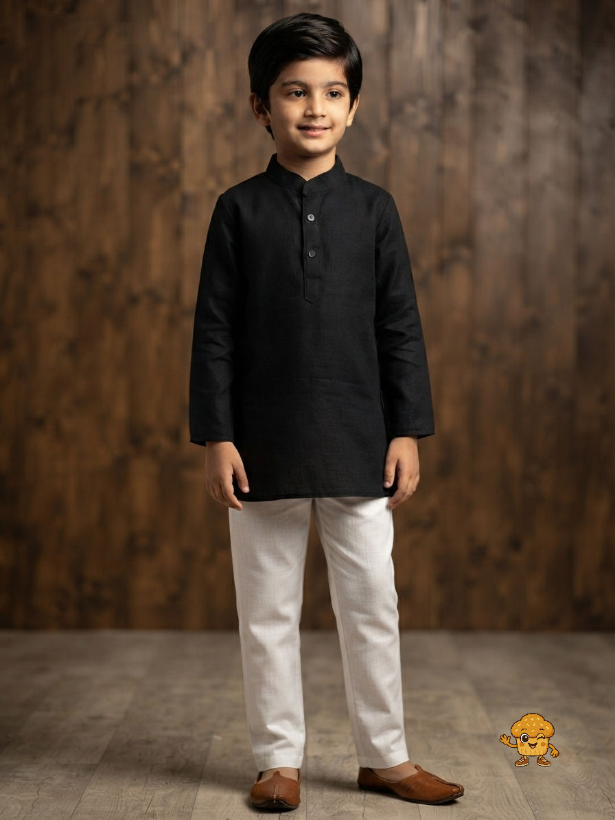 Boys Classic Jet Black Cotton Kurta with White Trousers Set