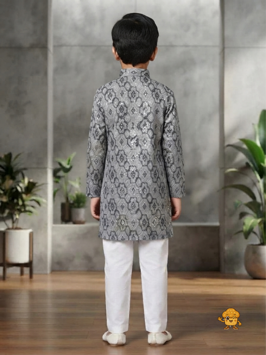Boys Grey Geometric Printed & Sequin Embroidered Kurta Pajama Set