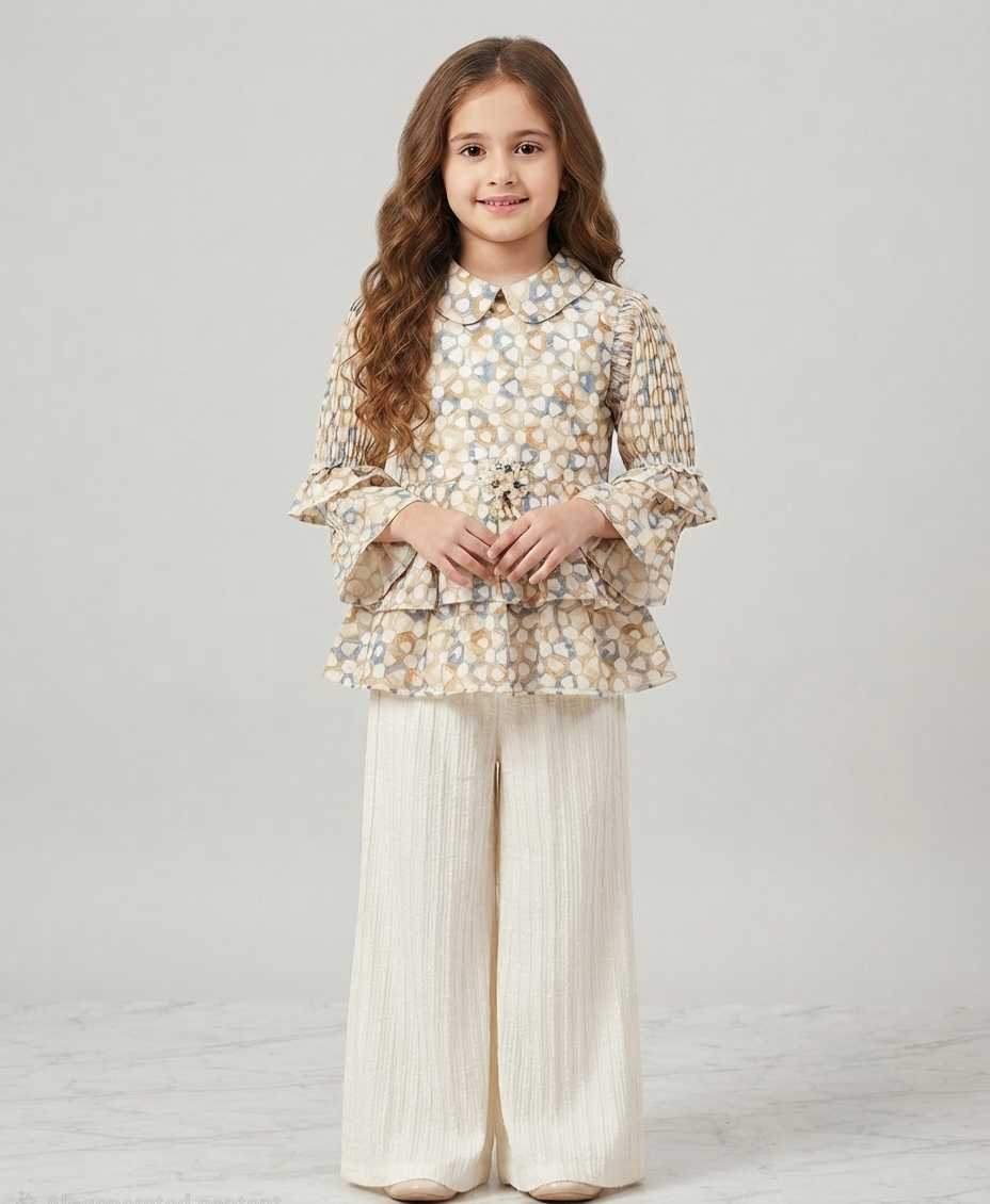 Girls Beige & Pastel Printed Peplum Top with Textured Palazzo Pants Set
