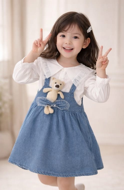 Everyday Playwear Denim Bear Dress and Ruffled Top Set for Toddlers