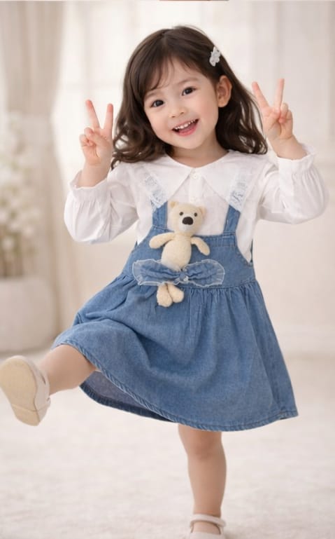 Everyday Playwear Denim Bear Dress and Ruffled Top Set for Toddlers
