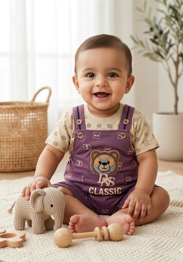 2-Piece Baby Shortall DUNGREE Set with Classic Bear Patch