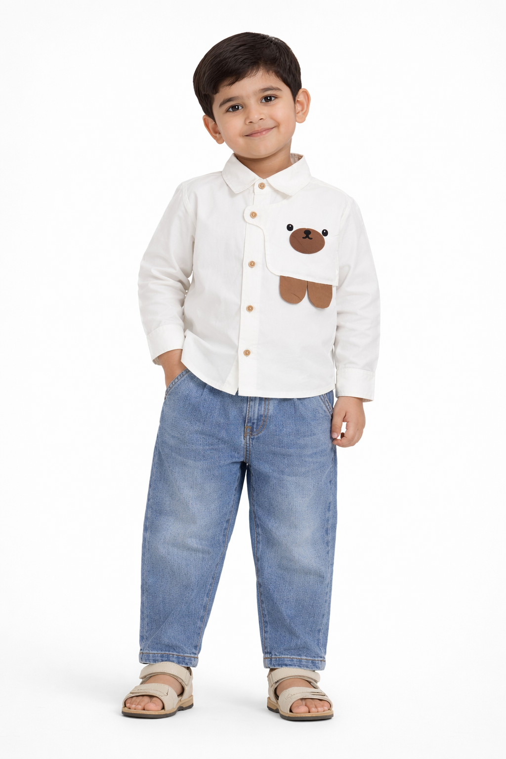 Boys Bear Patch Shirt with Relaxed Denim Jeans Set