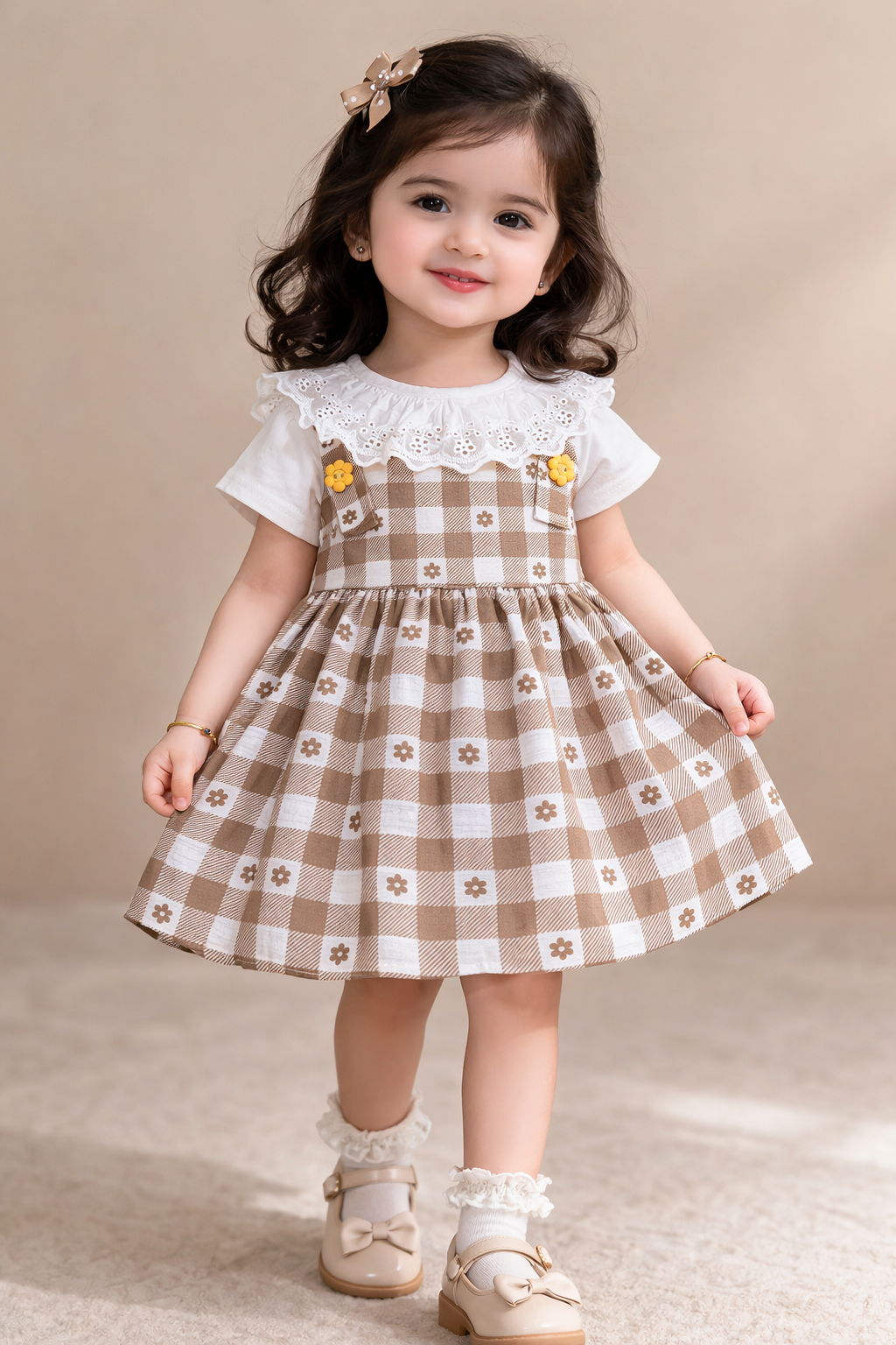 Baby Girl Vintage Brown Check Dress with Eyelet Lace Collar