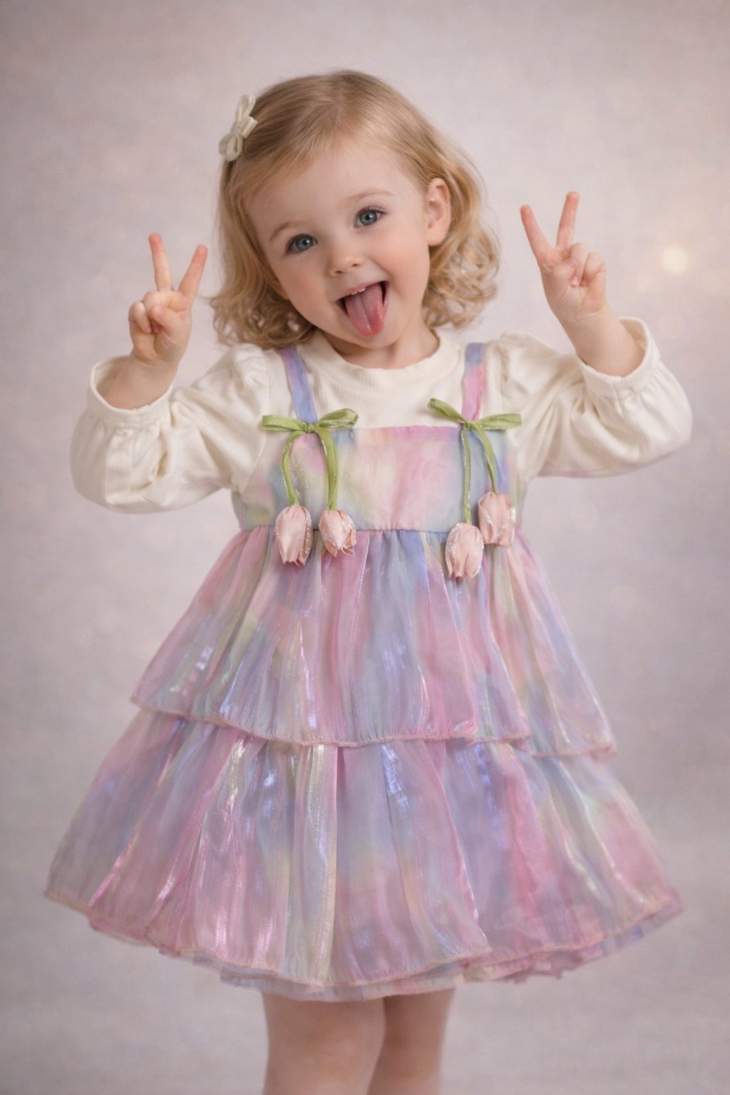 Toddler Girl Pastel Iridescent Layered Dress with 3D Tulips