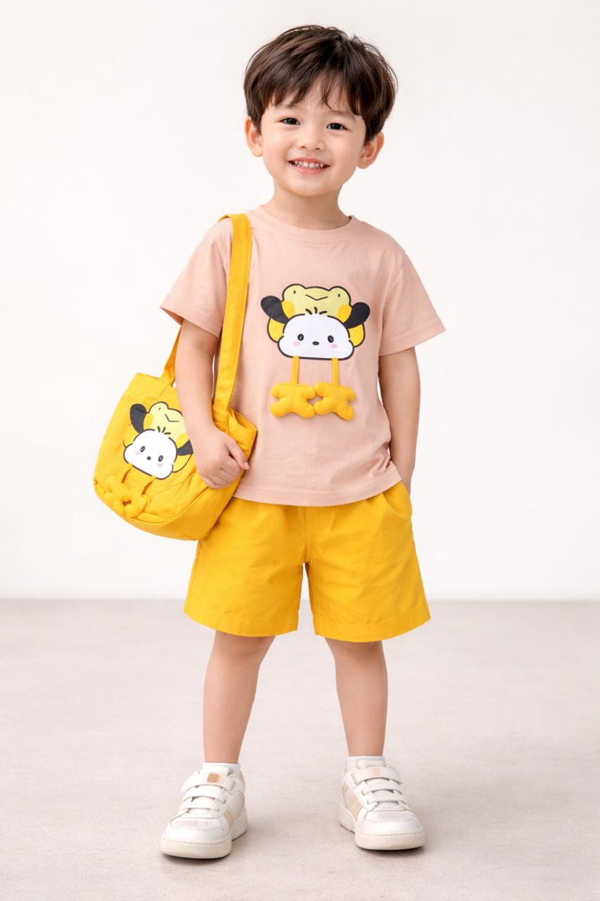 Two-piece 3D  co-ordinated set (T-shirt + shorts+side bag)