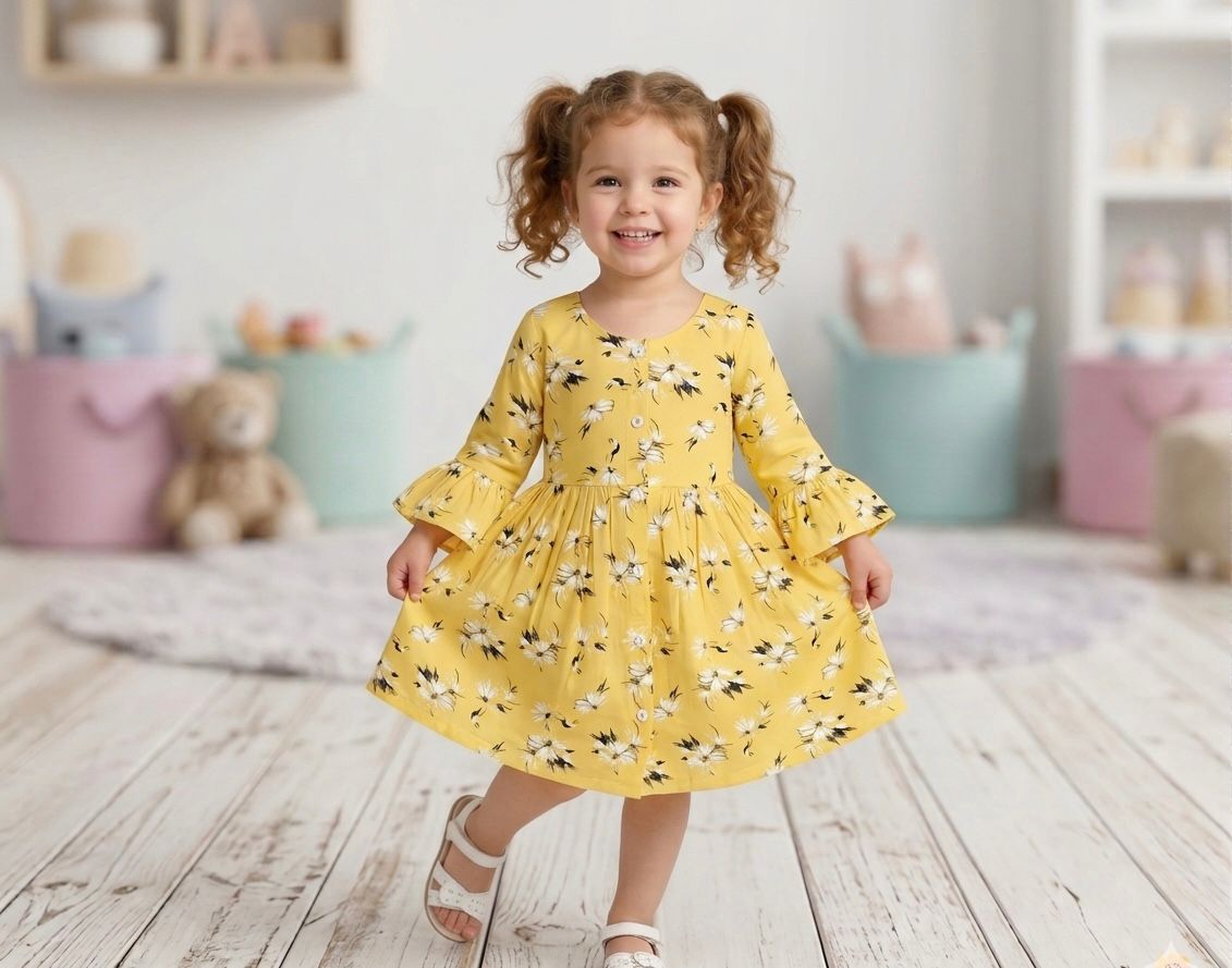 Toddler Girl Bright Yellow Floral Bell Sleeve Dress